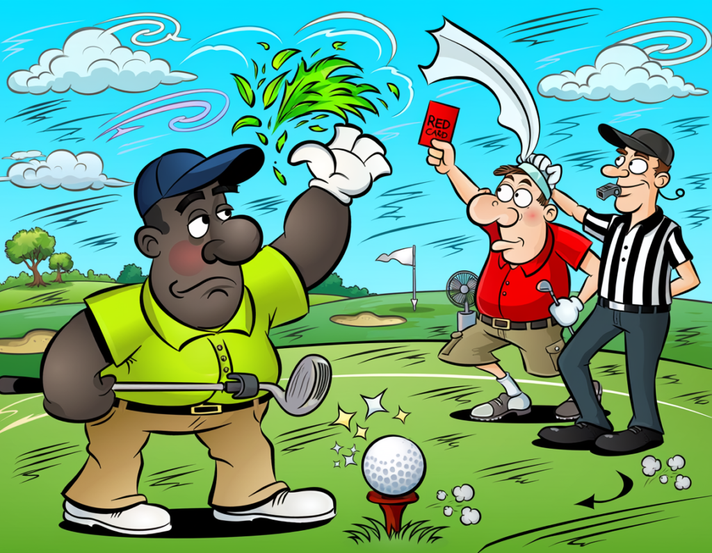 Cartoon golfer angrily throwing grass into the air next to a referee holding a red card