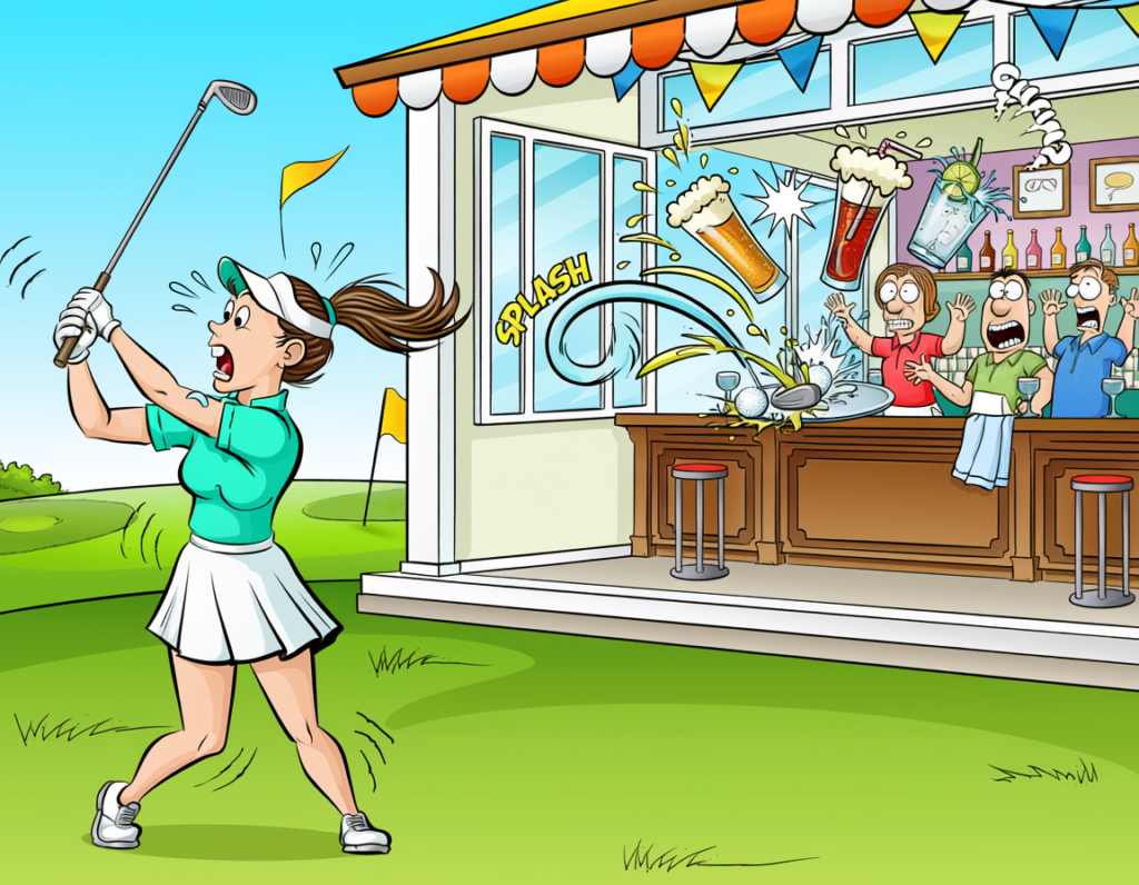 Cartoon golfer's wild slice flying through an open clubhouse window into the bar