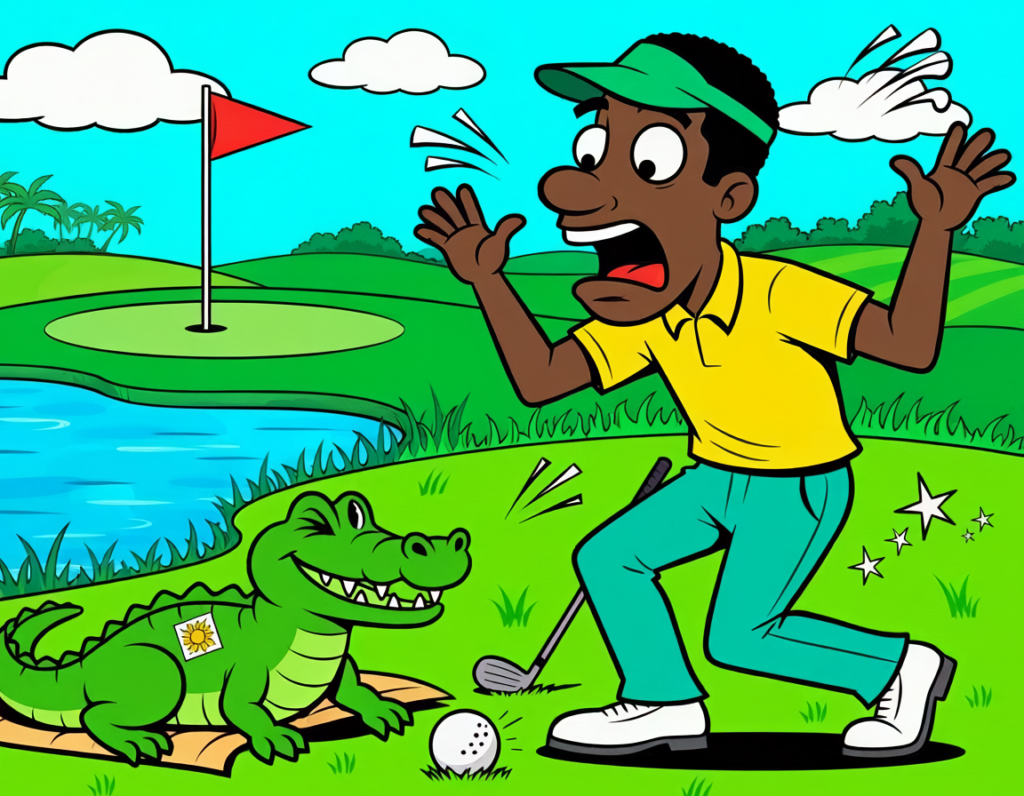 Startled cartoon golfer backing away from his golf ball next to an alligator