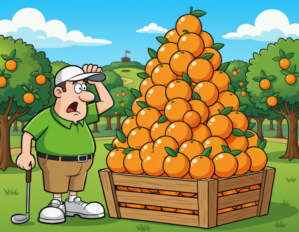 Cartoon orange golf ball hidden inside a giant pile of oranges