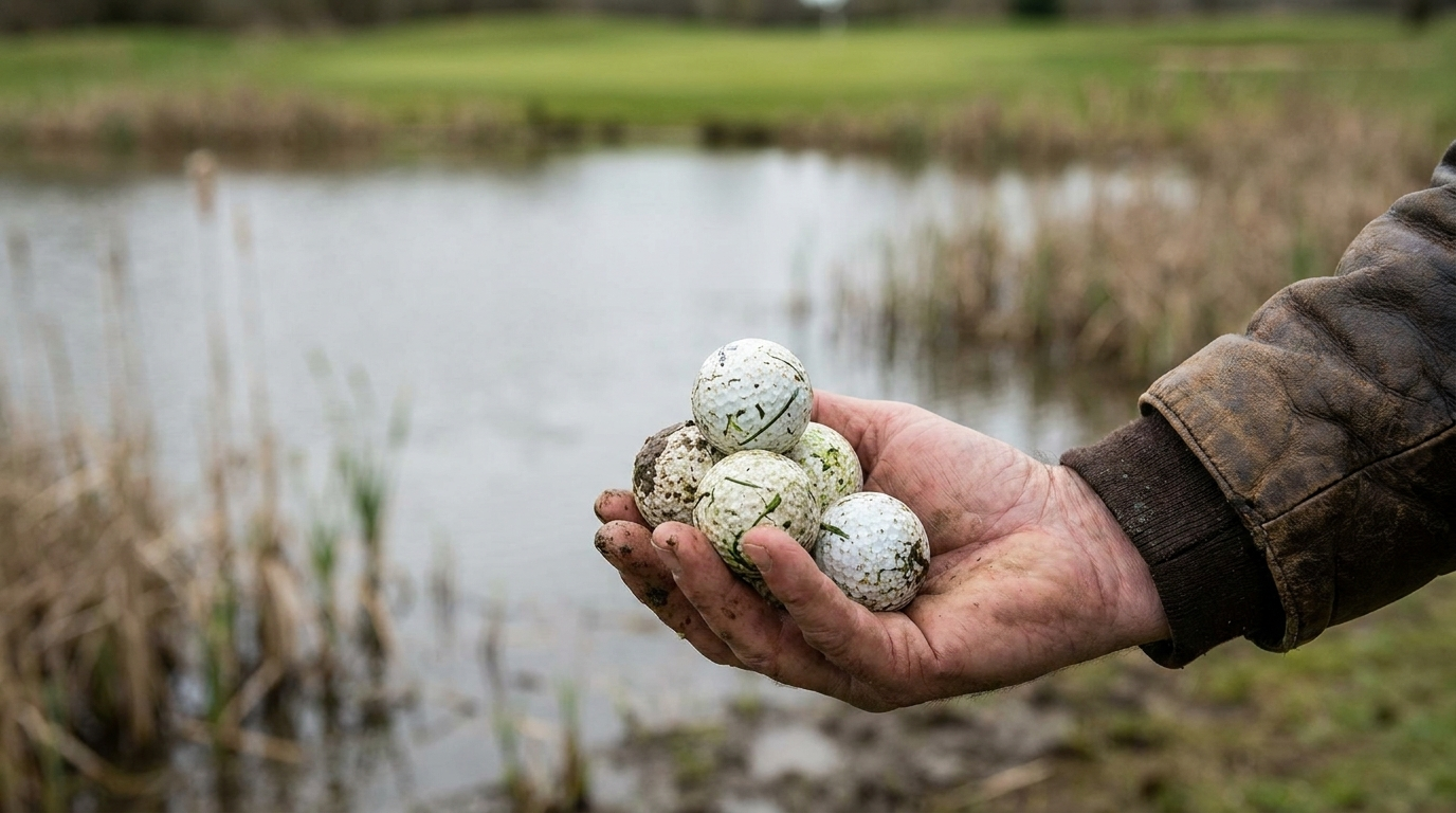 A handful of weathered found golf balls held by a golf course pond