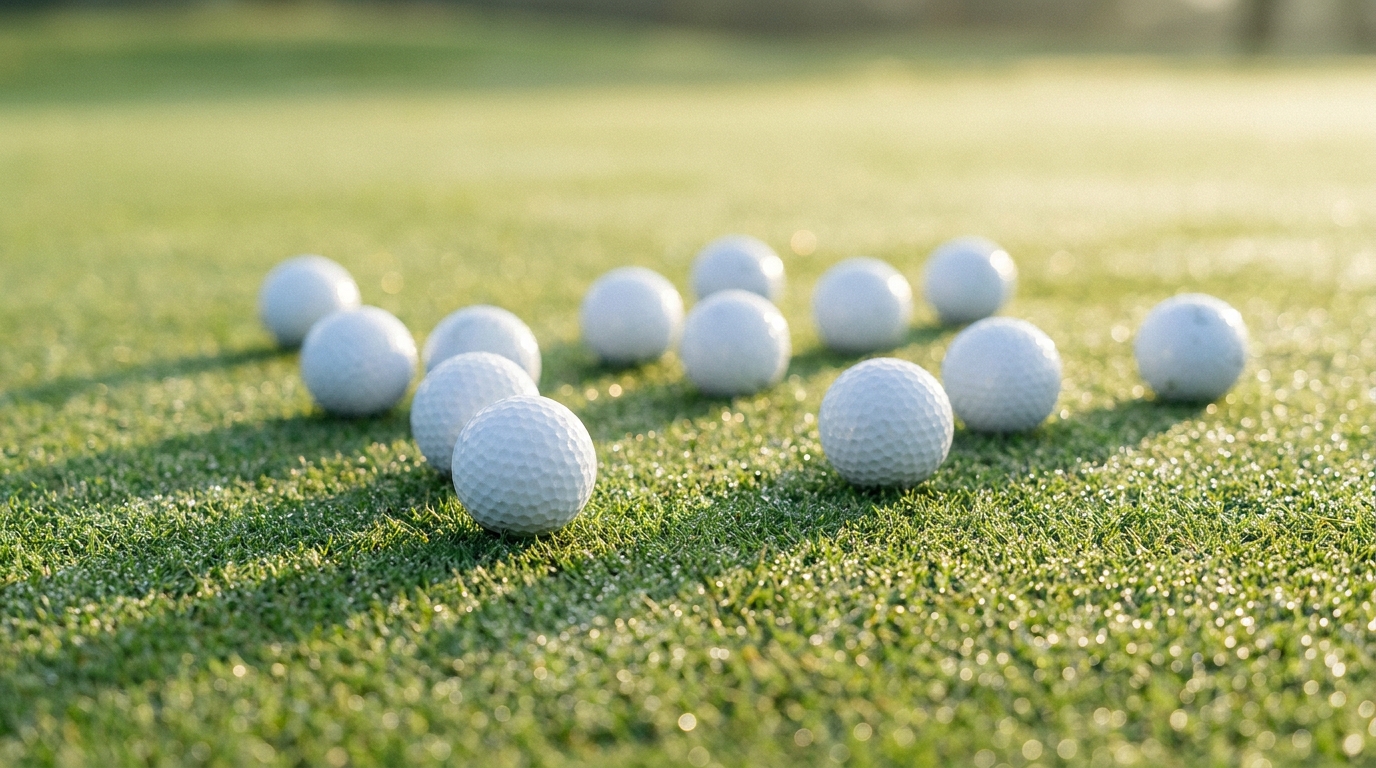 A dozen white golf balls scattered on a green putting green